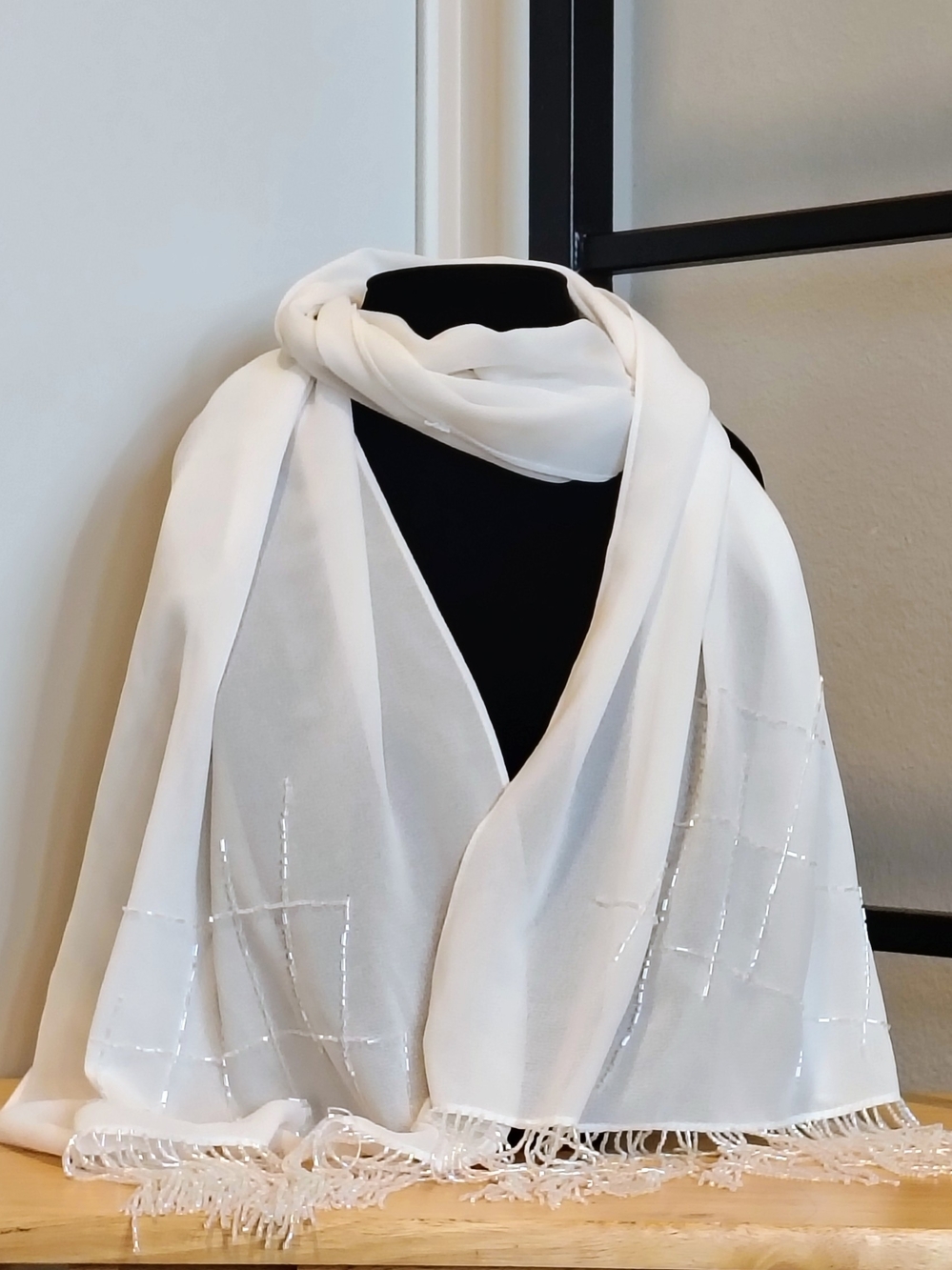Elegant White Beaded And Fringe Scarf Wrap OS